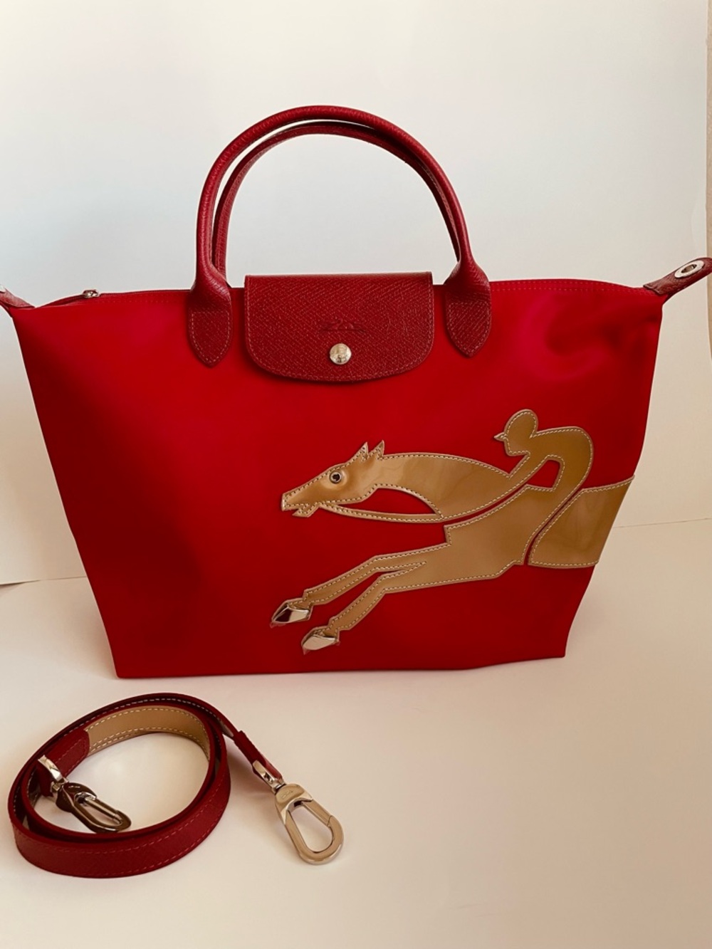 Longchamp Le Pliage Medium Tote Bag - Limited Edition Red with Gold Horse